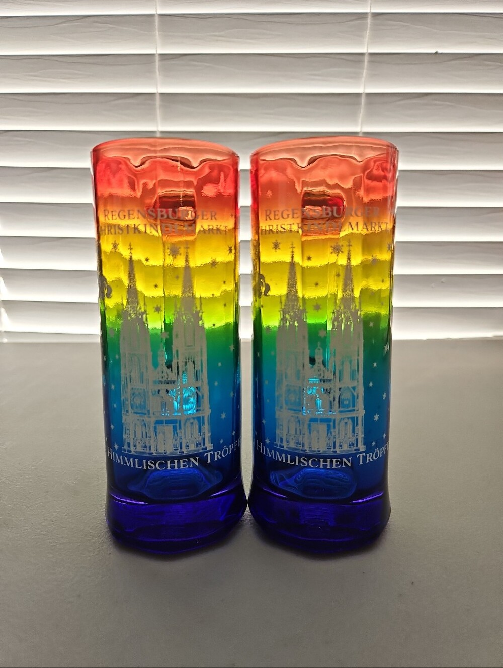 Pair of Regensburger Christkindlmarkt Rainbow Glühwein Glass Mugs Mohaba Germany